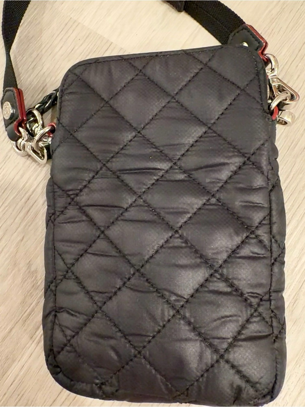 MZ WALLACE Micro Crosby Crossbody Bag Black Quilted Nylon Red Trim Travel - Picture 12 of 12
